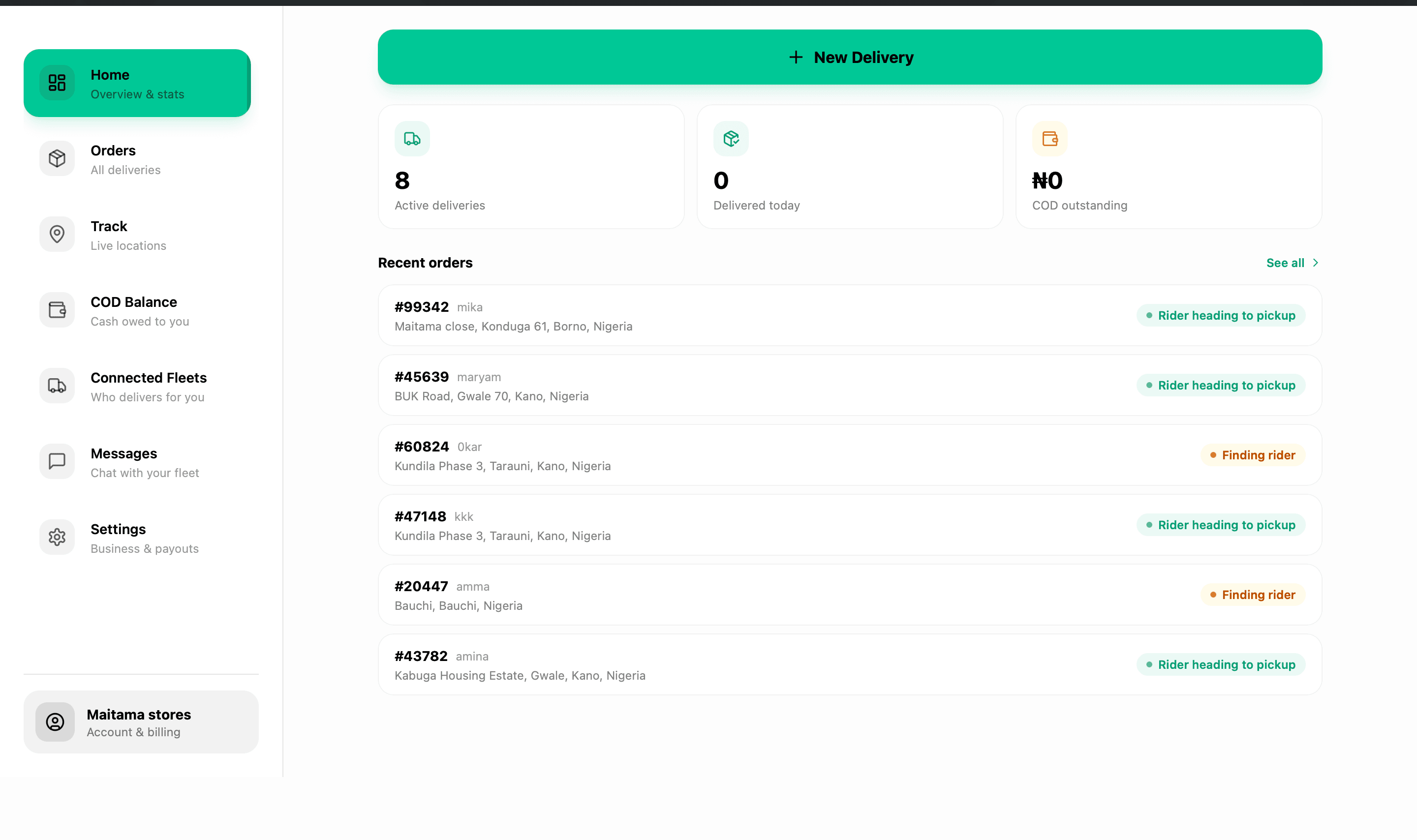 Carrydey merchant dashboard — active deliveries, recent orders and live status